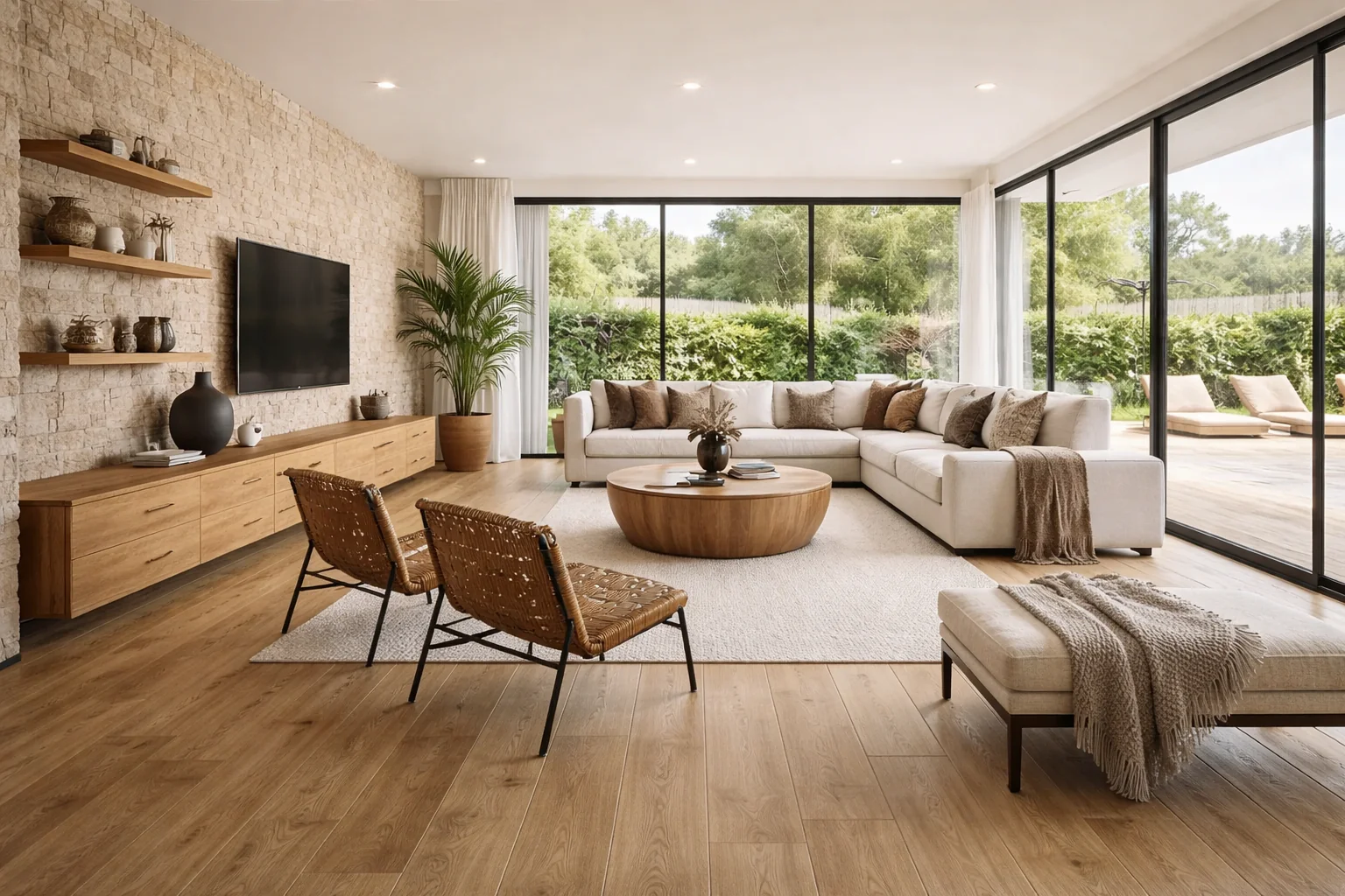 Keramische tegels houtlook in lichte woonkamer